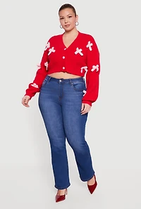 Womens Plus Size Bow Detail Button Front Cardigan, Red, Size 1X