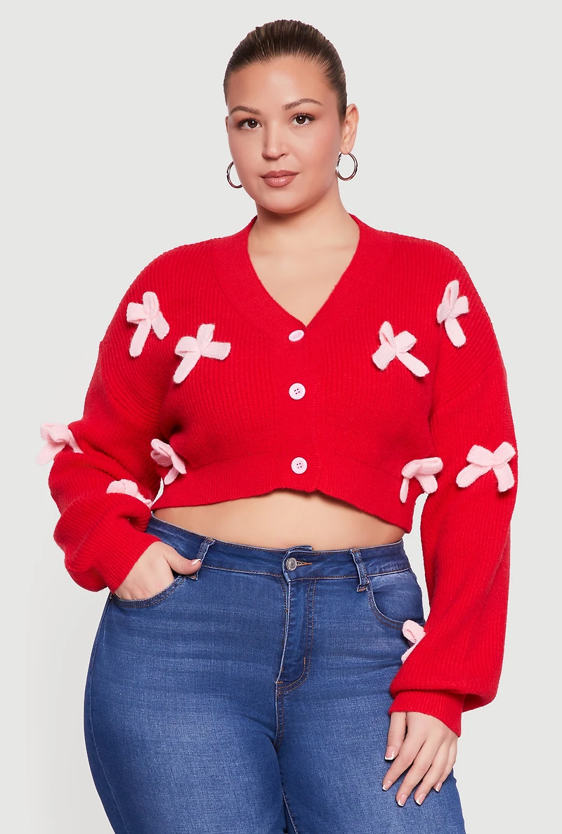 Womens Plus Size Bow Detail Button Front Cardigan, Red, Size 1X