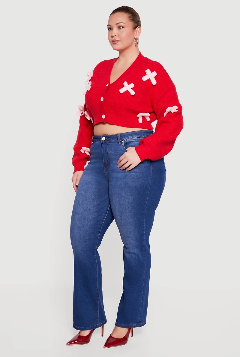 Womens Plus Size Bow Detail Button Front Cardigan, Red, Size 1X