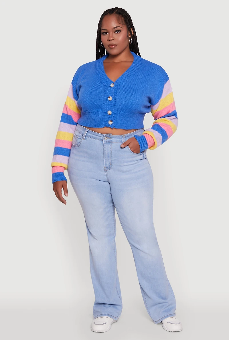 Womens Plus Daisy Color Block Stripe Sleeve Cropped Cardigan, Blue,