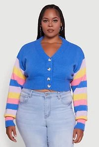 Womens Plus Daisy Color Block Stripe Sleeve Cropped Cardigan, Blue,