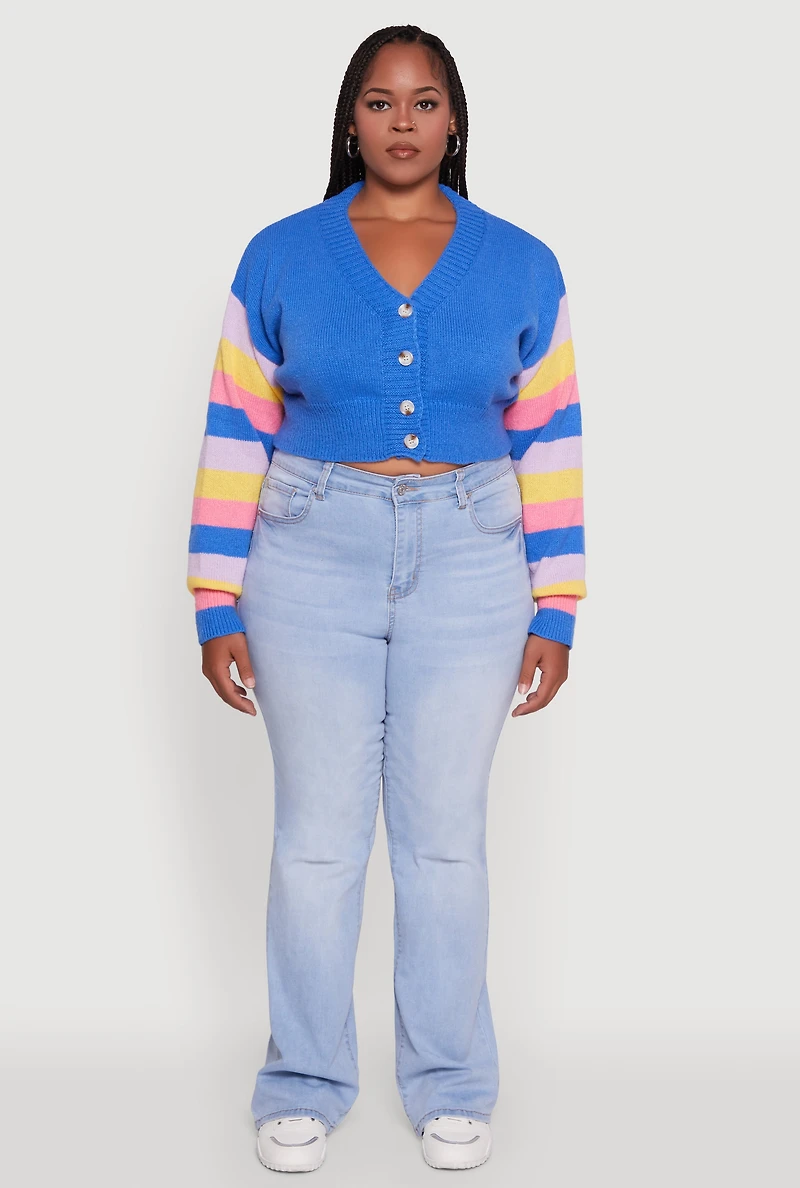 Womens Plus Daisy Color Block Stripe Sleeve Cropped Cardigan, Blue,