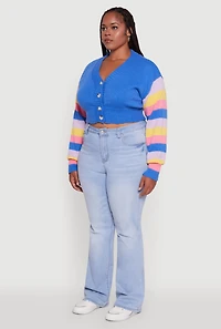Womens Plus Daisy Color Block Stripe Sleeve Cropped Cardigan, Blue,