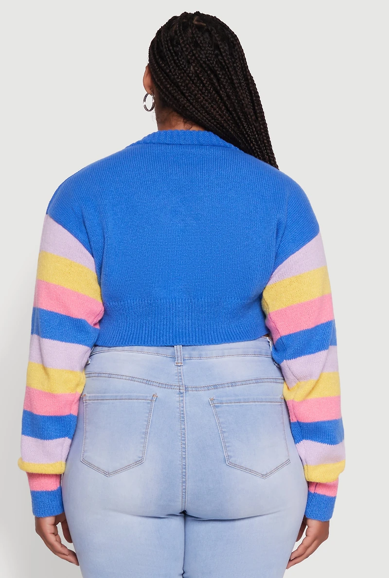 Womens Plus Daisy Color Block Stripe Sleeve Cropped Cardigan, Blue,