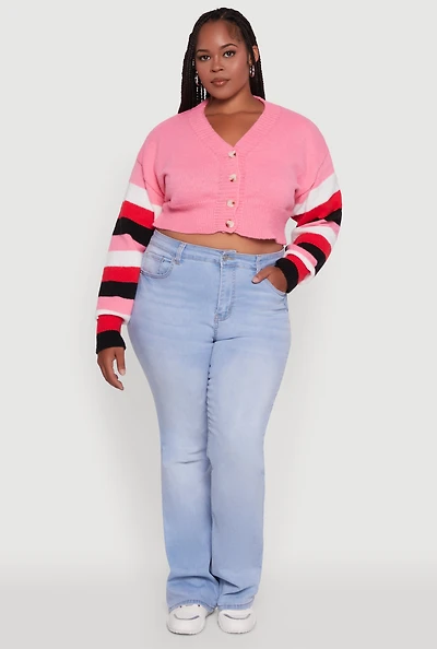 Womens Plus Size Daisy Color Block Stripe Sleeve Cropped Cardigan, Pink, Size 2X