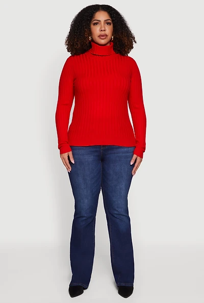 Womens Plus Size Ribbed Knit Turtleneck Sweater, Red, Size 1X
