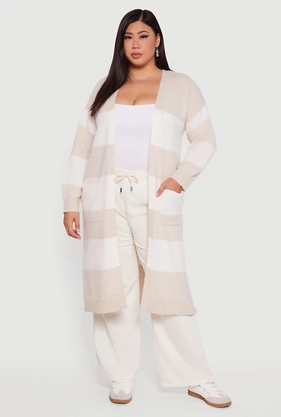 Womens Plus Size Striped Marled Brushed Knit Duster, Beige, Size 1X