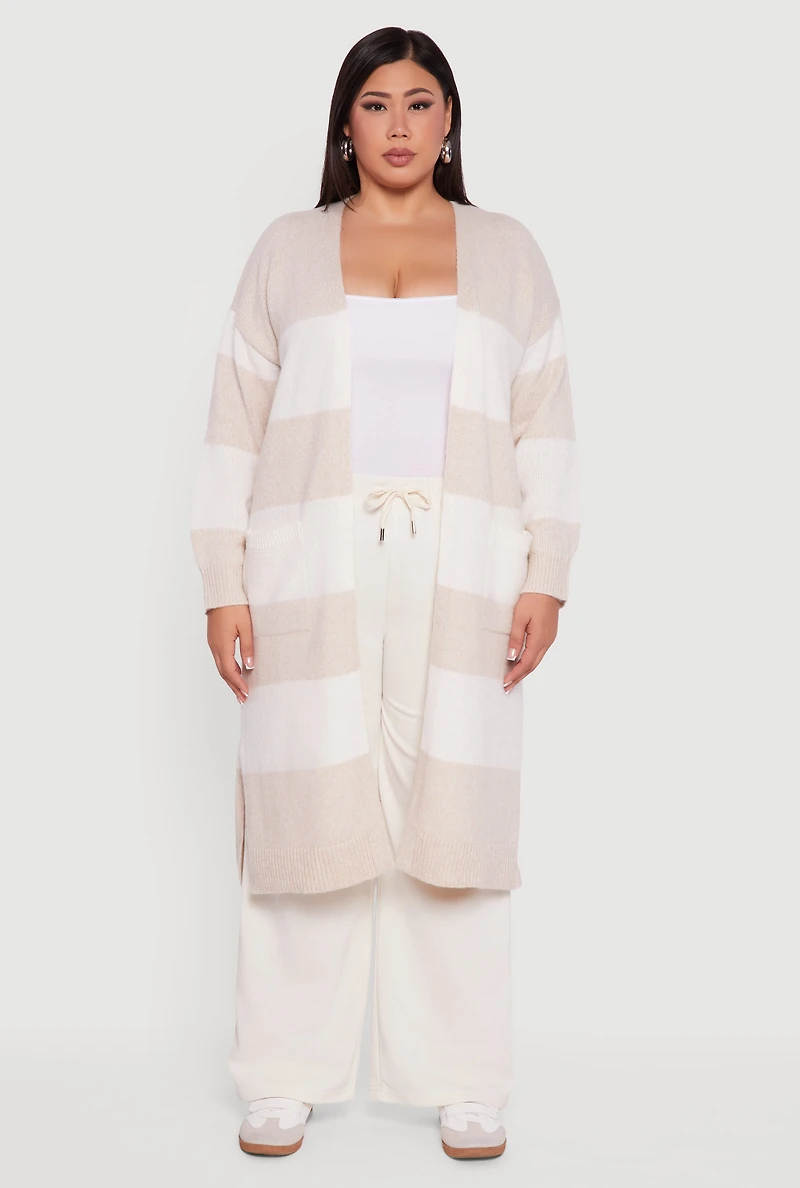 Womens Plus Striped Marled Brushed Knit Duster,