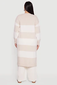 Womens Plus Striped Marled Brushed Knit Duster, Beige,