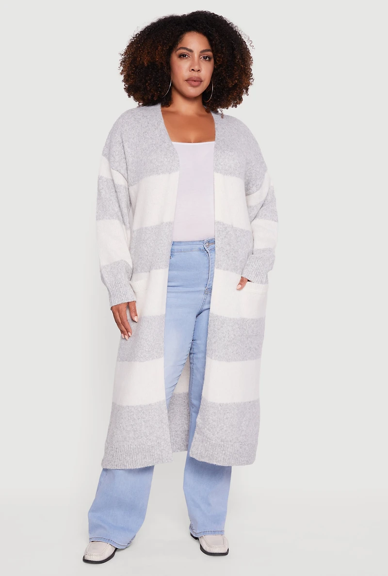 Womens Plus Size Striped Marled Brushed Knit Duster, Grey, Size 1X
