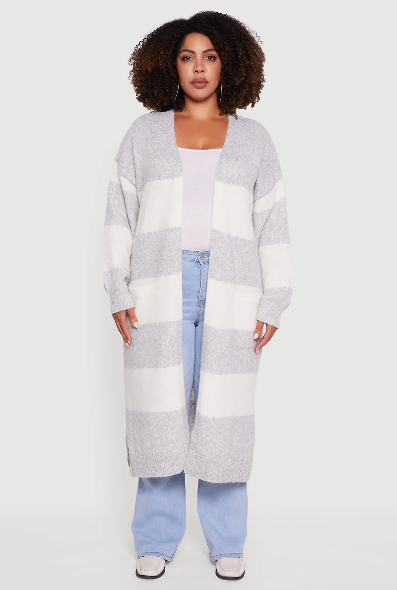Womens Plus Size Striped Marled Brushed Knit Duster, Grey, Size 2X