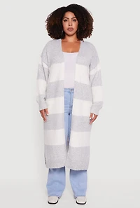 Womens Plus Size Striped Marled Brushed Knit Duster, Grey, Size 2X