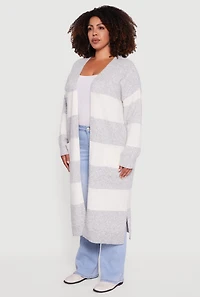 Womens Plus Size Striped Marled Brushed Knit Duster, Grey, Size 1X