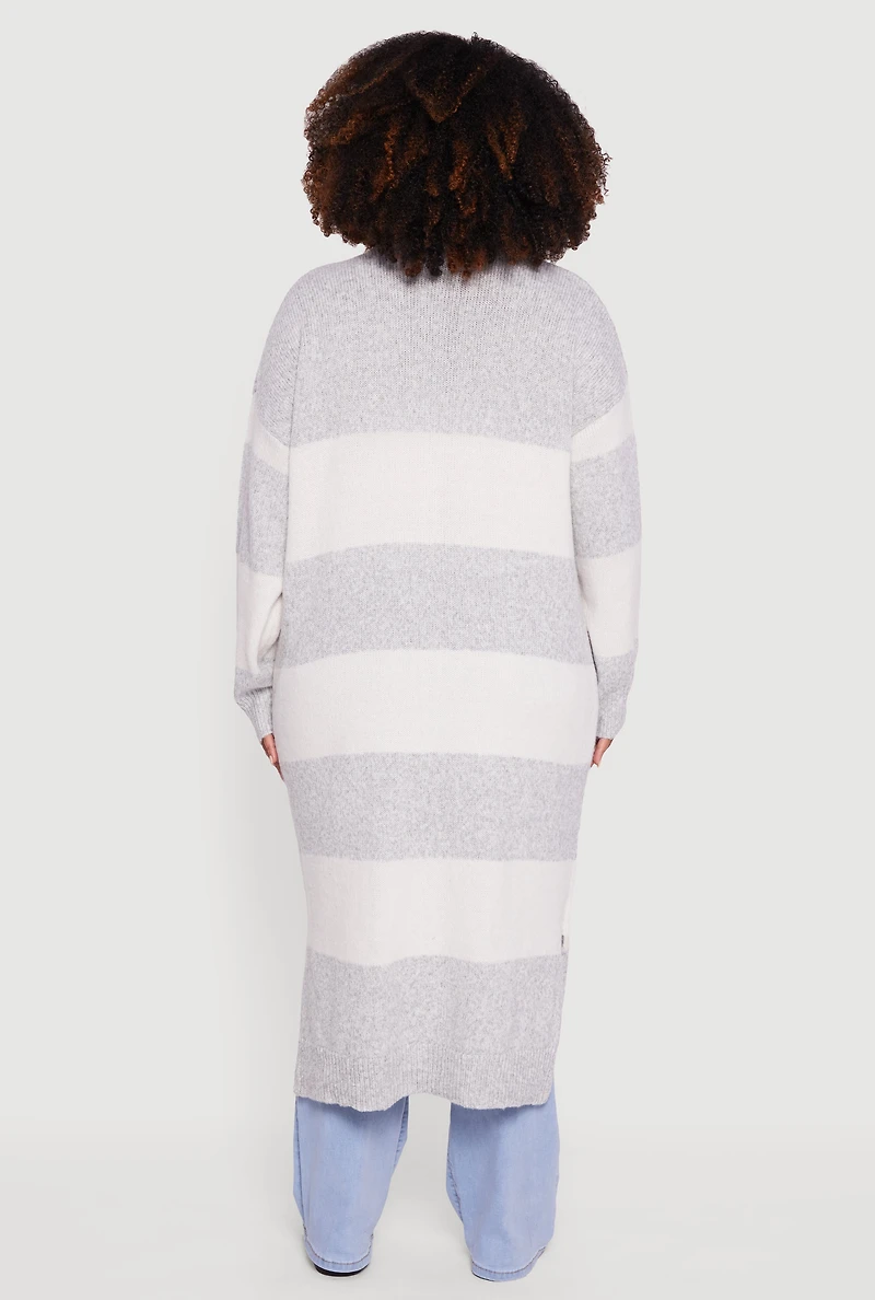 Womens Plus Size Striped Marled Brushed Knit Duster, Grey, Size 2X