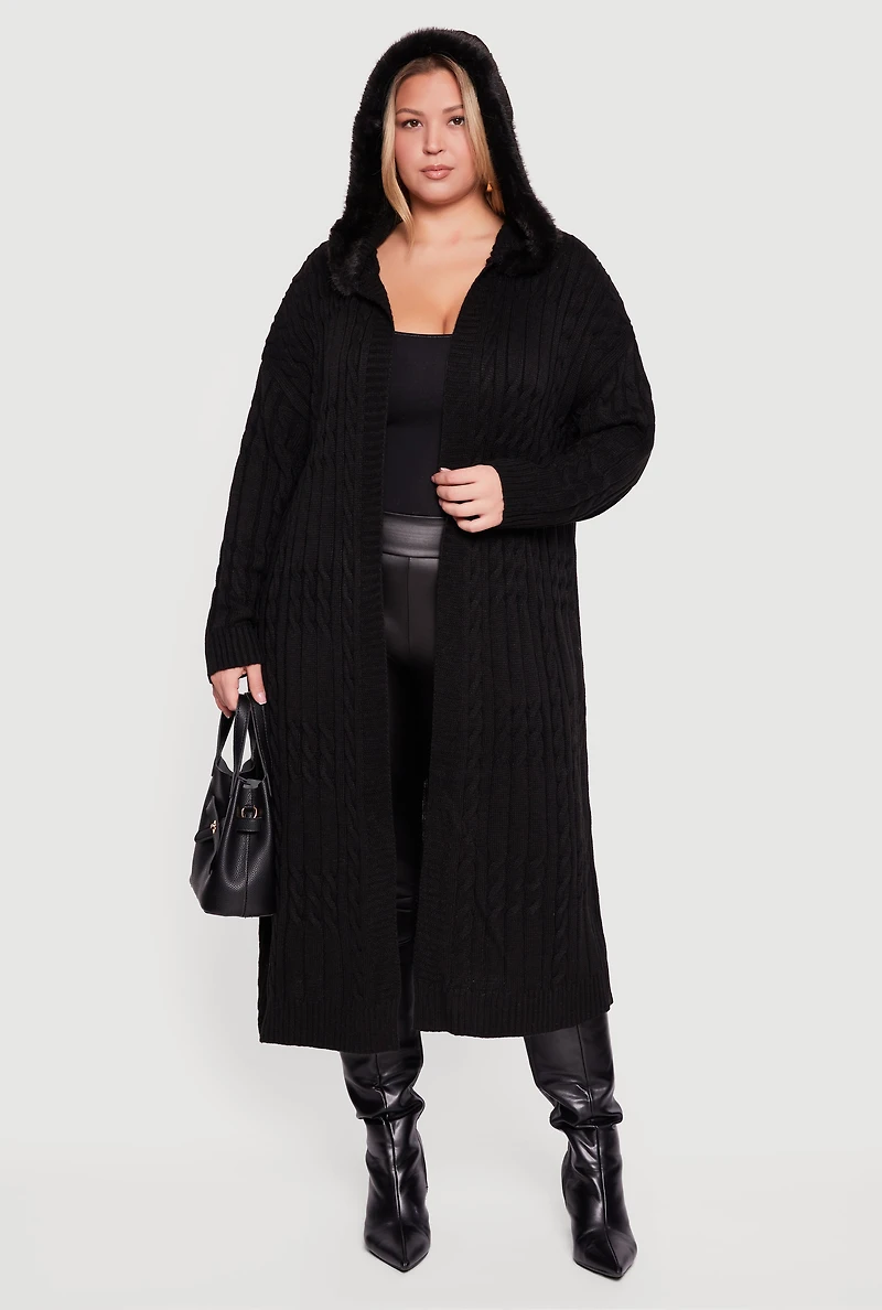 Womens Plus Almost Famous Faux Fur Trim Hooded Long Cardigan,