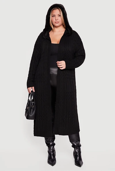Womens Plus Almost Famous Faux Fur Trim Hooded Long Cardigan,
