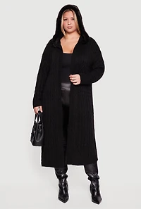 Womens Plus Almost Famous Faux Fur Trim Hooded Long Cardigan,