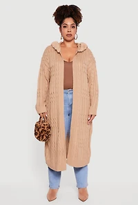 Plus Almost Famous Faux Fur Trim Hooded Long Cardigan