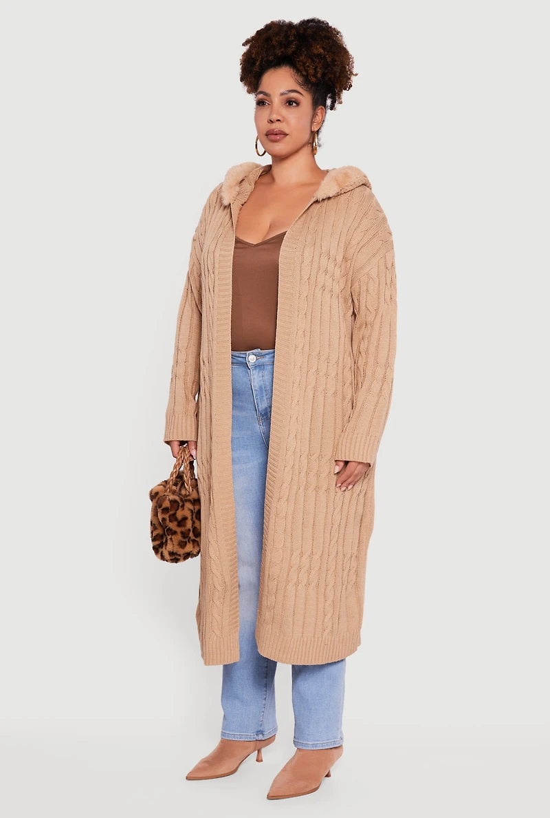 Plus Almost Famous Faux Fur Trim Hooded Long Cardigan