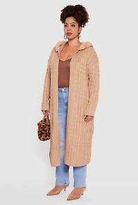 Plus Almost Famous Faux Fur Trim Hooded Long Cardigan