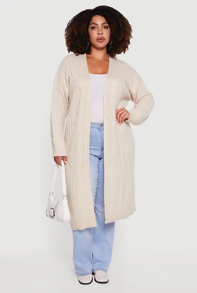 Womens Plus Size Cable Knit Open Front Long Cardigan, Beige, Size 3X