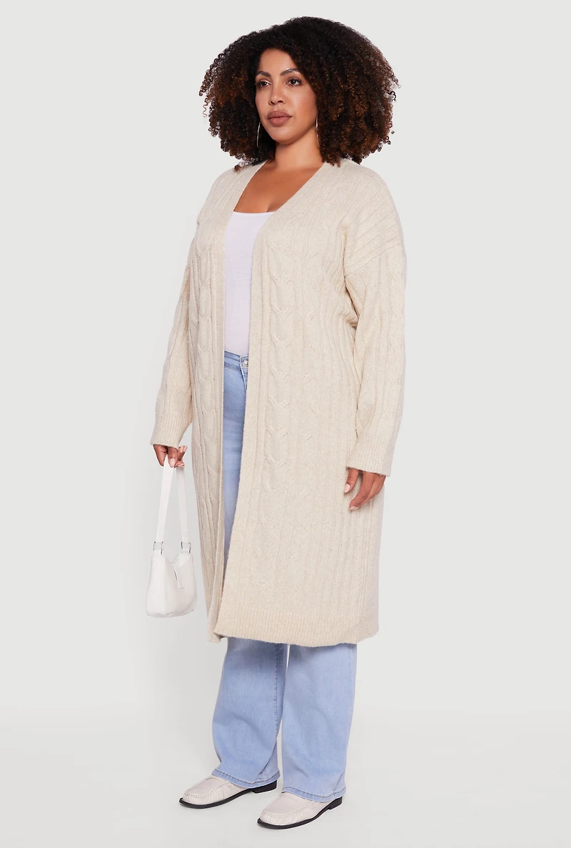 Womens Plus Size Cable Knit Open Front Long Cardigan, Beige, Size 3X