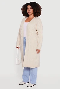 Womens Plus Size Cable Knit Open Front Long Cardigan, Beige, Size 3X