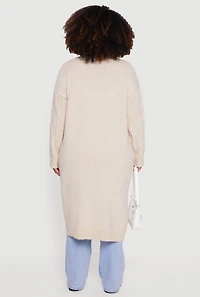 Womens Plus Size Cable Knit Open Front Long Cardigan, Beige, Size 3X
