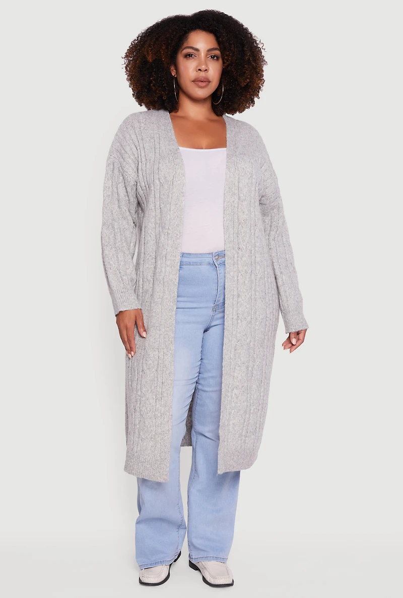 Womens Plus Size Cable Knit Open Front Long Cardigan, Grey, Size 1X