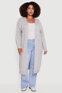 Womens Plus Size Cable Knit Open Front Long Cardigan, Grey, Size 1X