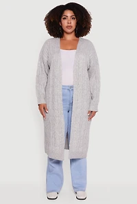 Womens Plus Size Cable Knit Open Front Long Cardigan, Grey, Size 1X
