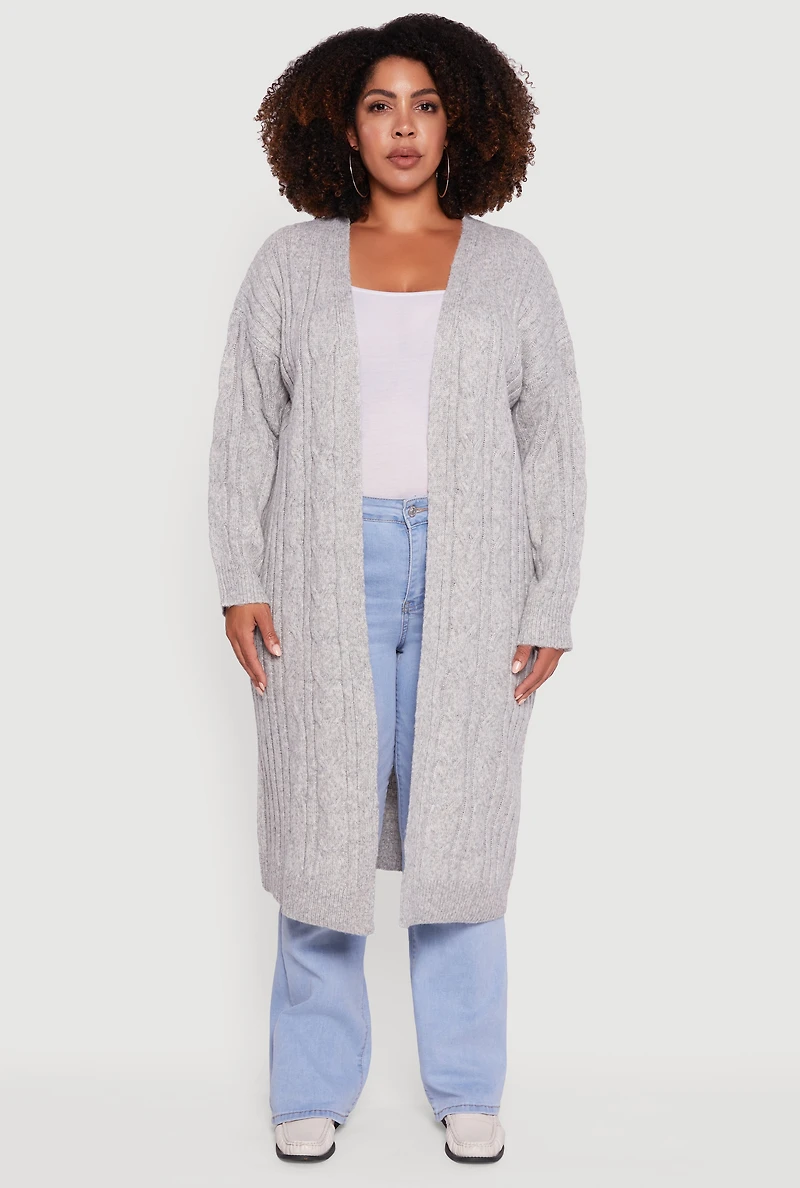 Womens Plus Size Cable Knit Open Front Long Cardigan, Grey, Size 3X