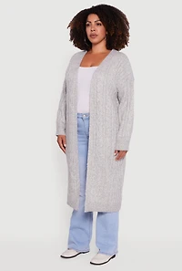 Womens Plus Size Cable Knit Open Front Long Cardigan, Grey, Size 1X