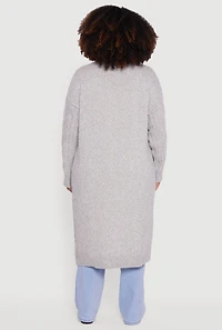 Womens Plus Size Cable Knit Open Front Long Cardigan, Grey, Size 1X