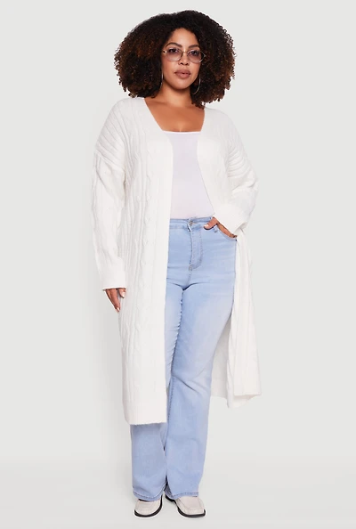 Plus Cable Knit Open Front Long Cardigan