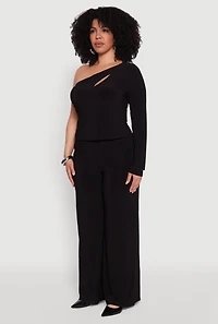Womens Plus Size One Shoulder Keyhole Top, Black, Size 2X