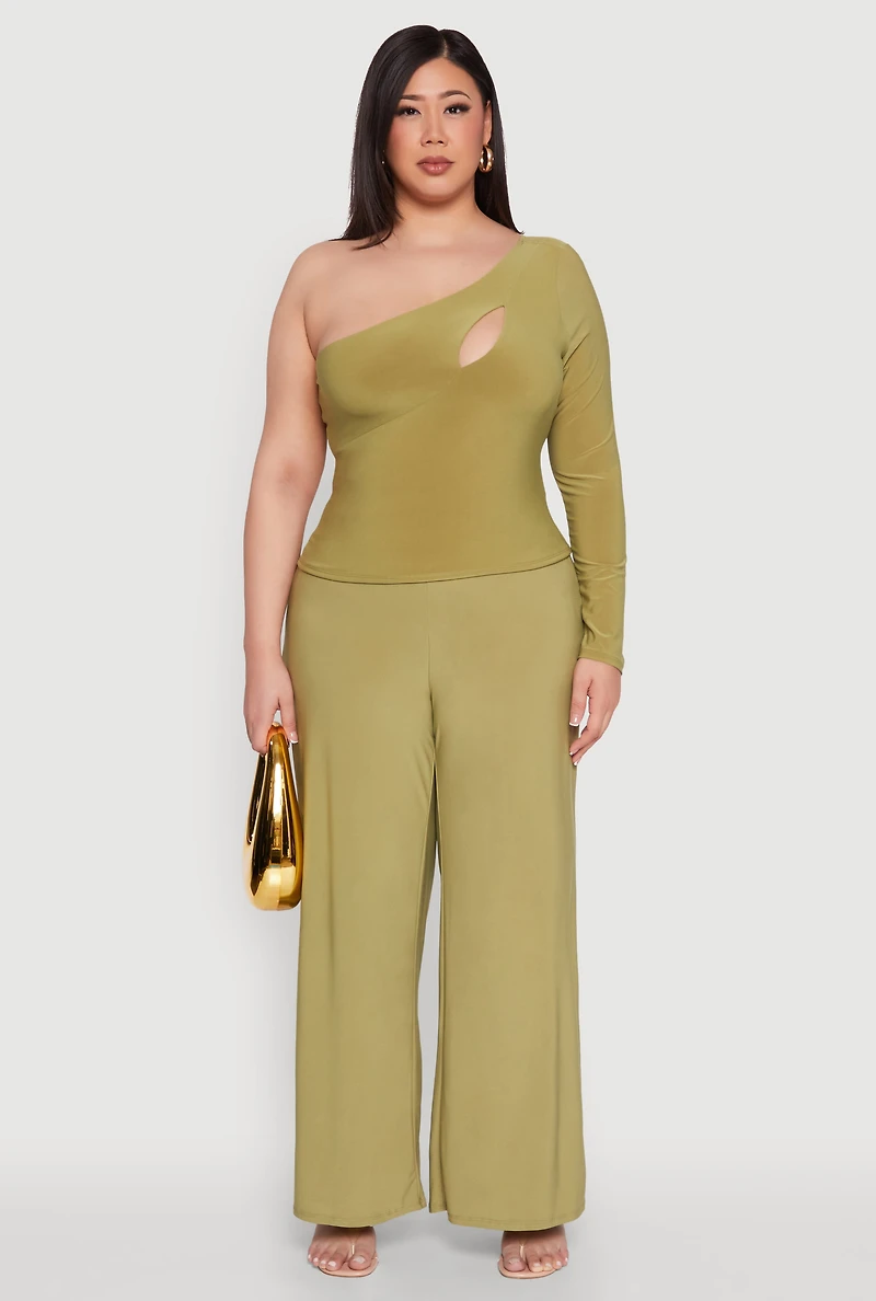 Womens Plus Size One Shoulder Keyhole Top, Green, Size 2X