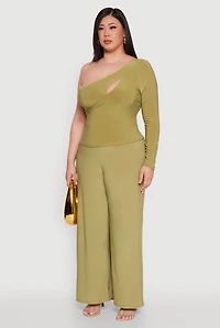 Womens Plus Size One Shoulder Keyhole Top, Green, Size 2X