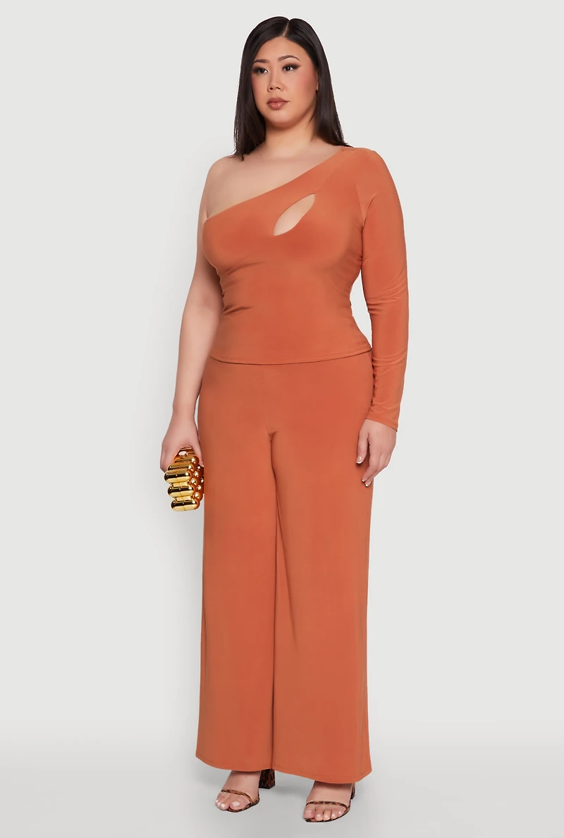 Womens Plus Size One Shoulder Keyhole Top, Orange, Size 1X