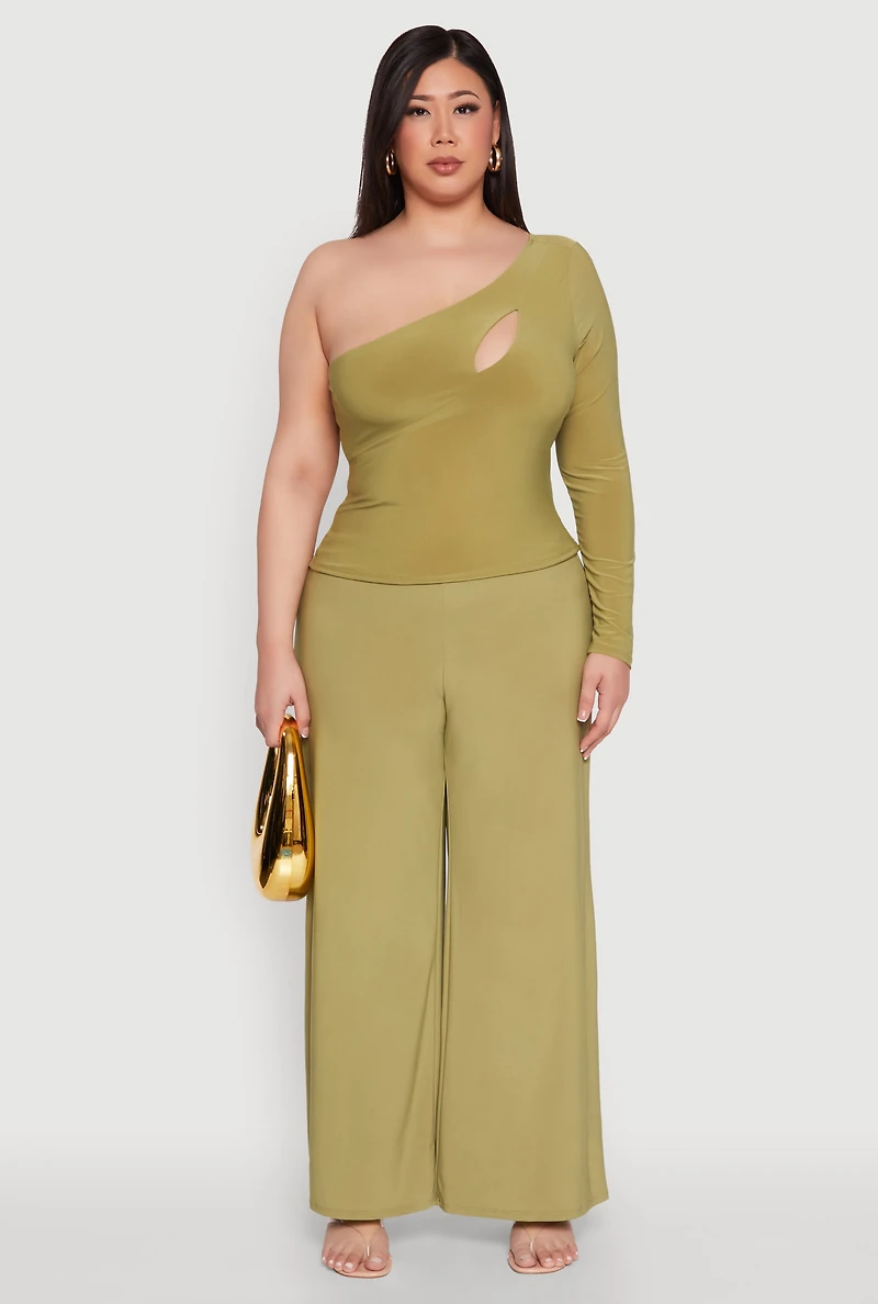 Womens Plus Size Wide Waist Palazzo Pants, Green, Size 2X