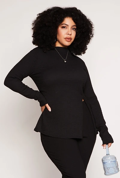 Womens Plus Size Textured Knit Side Slit Top, Black, Size 2X