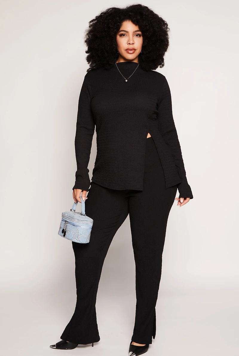 Womens Plus Size Textured Knit Side Slit Top, Black, Size 2X