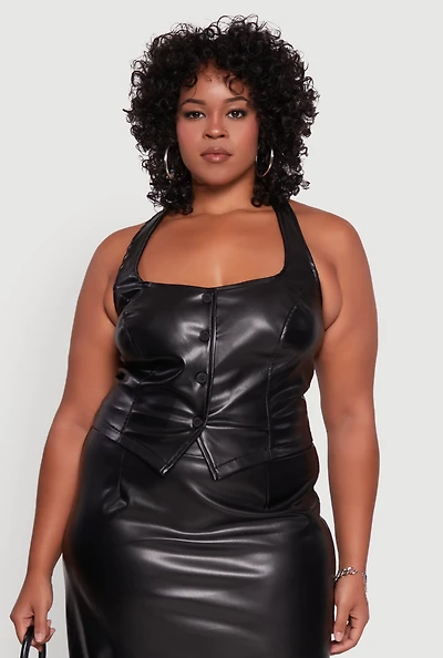 Womens Plus Size Faux Leather Halter Vest, Black, Size 2X