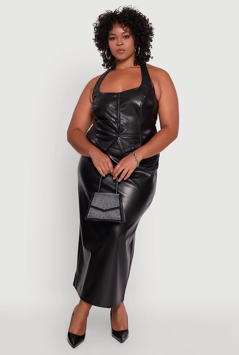 Womens Plus Size Faux Leather Halter Vest, Black, Size 2X