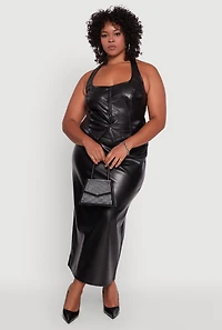 Womens Plus Size Faux Leather Halter Vest, Black, Size 2X