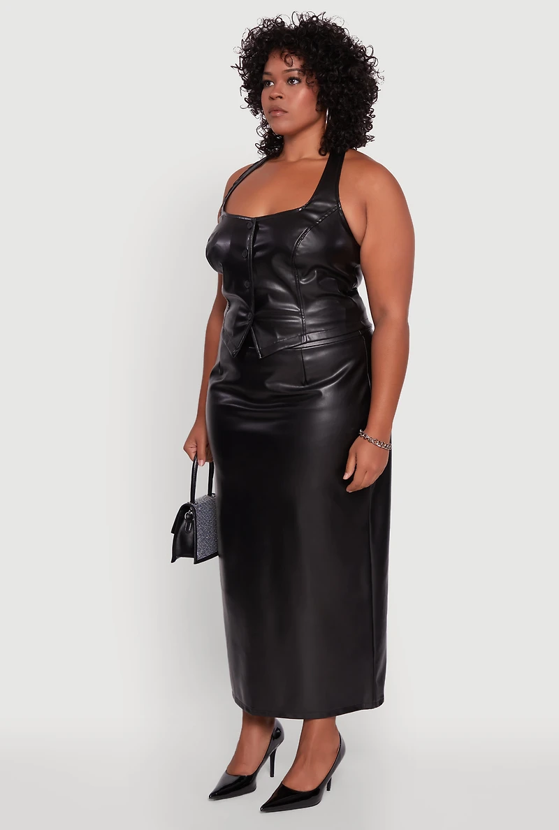 Womens Plus Size Faux Leather Halter Vest, Black, Size 2X