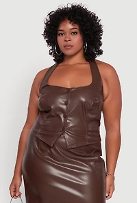 Womens Plus Size Faux Leather Halter Vest, Brown, Size 2X