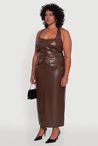 Womens Plus Size Faux Leather Halter Vest, Brown, Size 2X