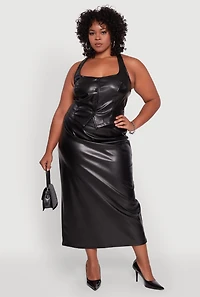 Womens Plus High Waist Faux Leather Maxi Skirt with Zip Back,