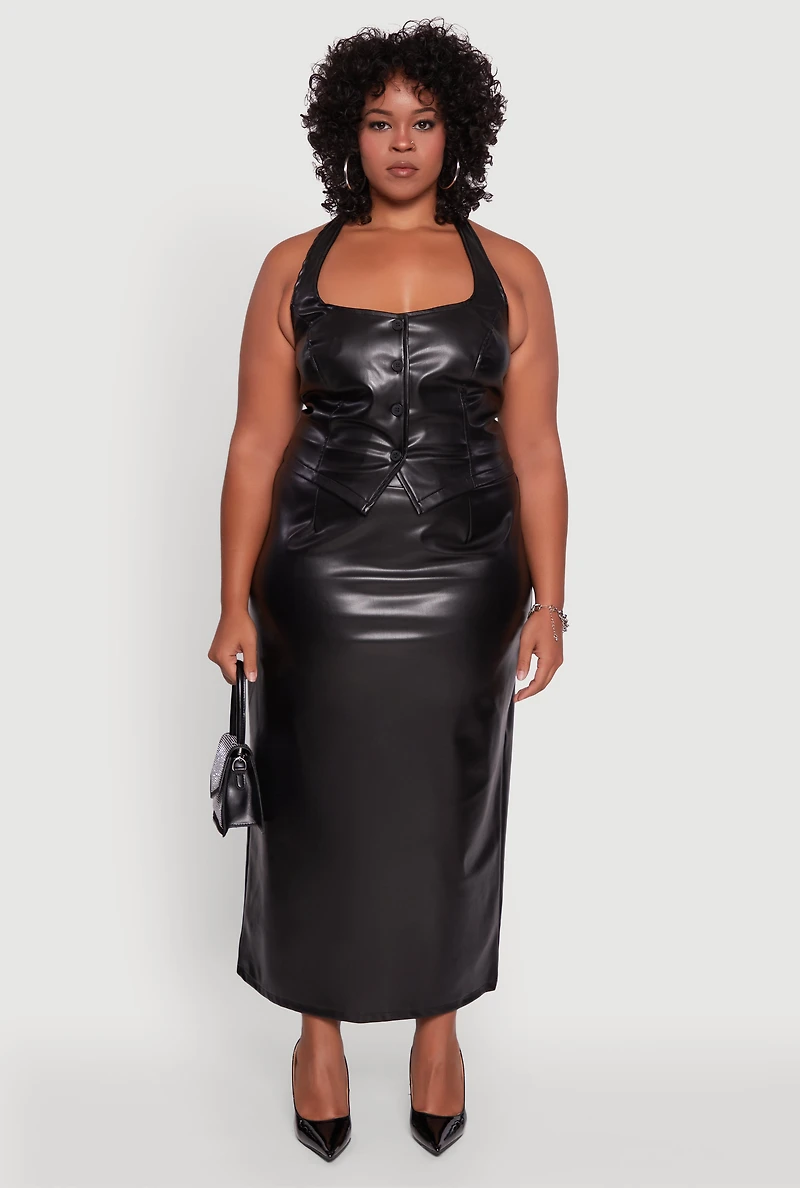 Womens Plus High Waist Faux Leather Maxi Skirt with Zip Back,